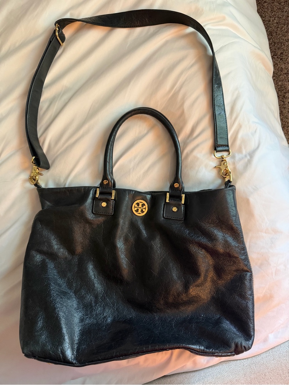 Tory Burch Black Leather Tote with Gold Logo Accent